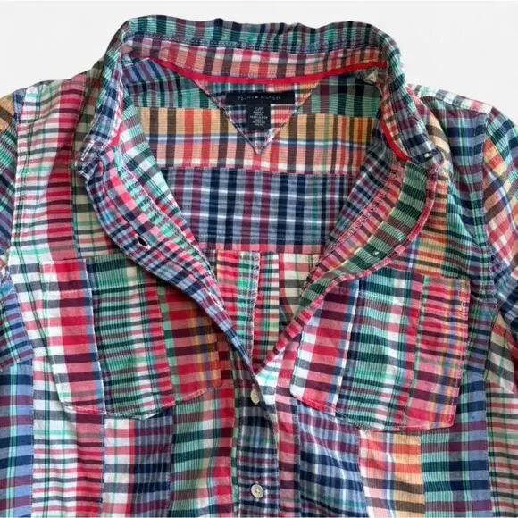 Tommy Hilfiger Women Petite S Plaid Shirt Casual Black Multicolor - Picture 8 of 10